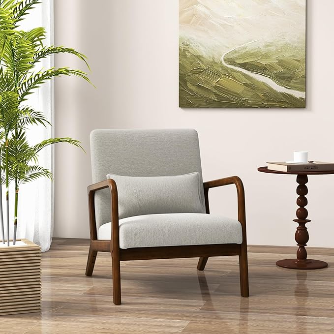 KOMFOTT Mid-Century Modern Accent Chair Set of 2 Living Room Leisure Chair with Cushioned Seat &amp Back Upholstered Armchair with Rubber Wood Frame &amp Lumbar Pillow Lounge Chair for Bedroom G