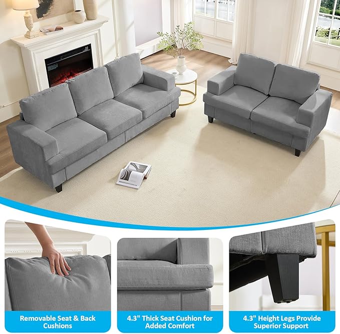 Mjkone 82 Width 2 Pieces Living Room Sofa Sets 3 Seater Sofas Couch and Loveseat Set Sofas Couches Living Room Furniture Sets Sectional 3-Seat Sofa + Loveseat Couch Set for Home Office Light Grey
