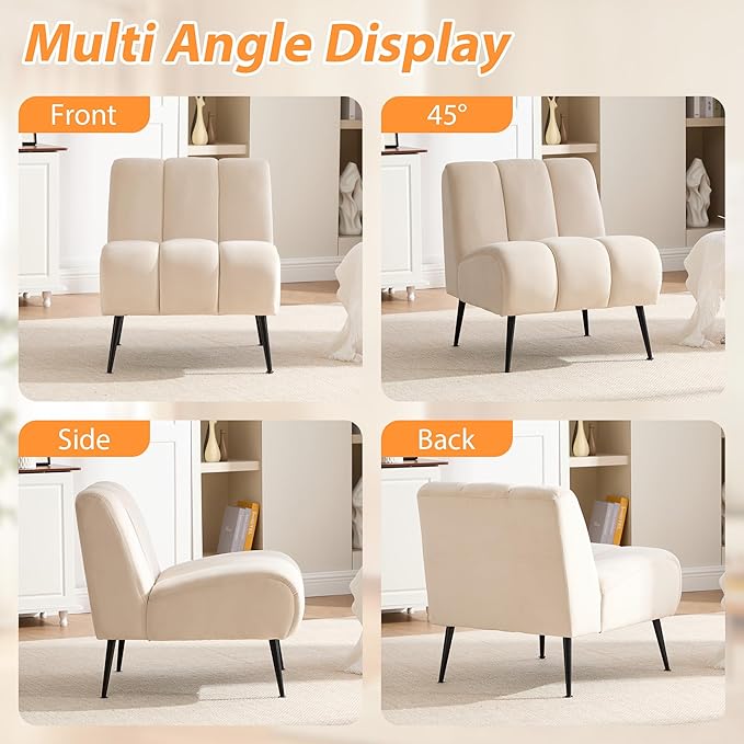 Chifee &amp Vingol Armless Accent Chair Modern Living Room Chairs Upholstered Bedroom Accent Chairs Comfy Makeup Vanity Chair Armless Chair with Metal Legs for Bedroom Office CafeBeige
