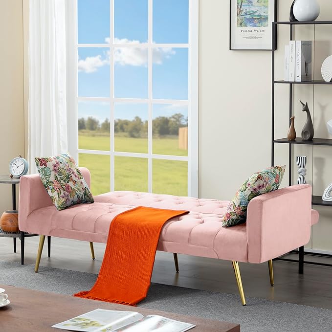 68.5” Futon Sofa Bed Convertible Futon Couch with Adjustable BackrestFolding Sofa Bed with 2 Pillows &amp Metal Legs Sleeper Loveseat with Armrest for Home Office (Pink)
