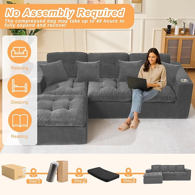 Modular Sectional Sofa 108 Cloud Sectional Couch with Deep Seat 3 Seat Modular Sofa Memory Foam Upholstered Boneless Couches for Living Room Bedroom No Assembly Required Grey