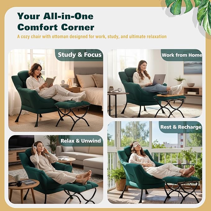 Lazy Chair with Ottoman Large Accent Chair with Ottoman and a Throw Pillow Dark Green Reading Chair for Living Room Bedroom Dorm Room Office Apartment Relaxing Use