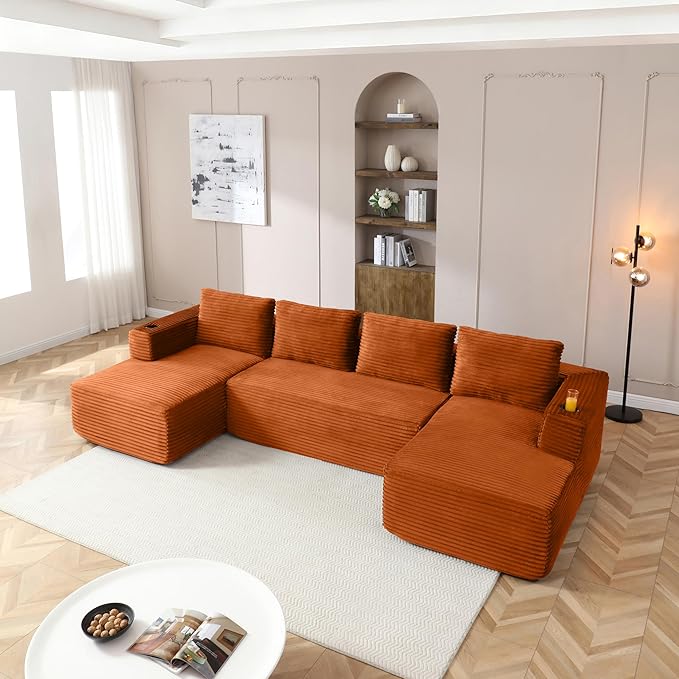 132” Oversized Modular Sectional Sofa Modern Comfy Corduroy U Shaped Couch with Cup Holders Boneless Compressed Memory Foam Cloud Couch for Living Room Office No Assembly Requiredm Orange