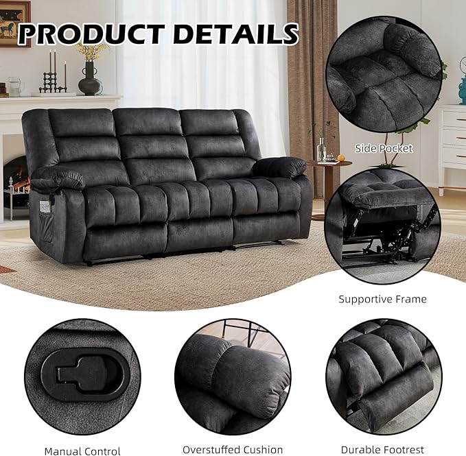EBELLO Recliner Sofa Flip Middle Backrest Design 3 Seat Recliner Couch Overstuffed Comfortable Armrest Manual Reclining Couch for Living Room Bedroom Furniture Grey (3 Seat Sofa)