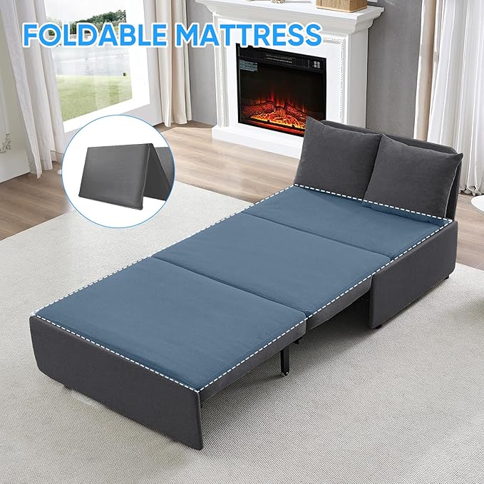 PUREMIND Twin Size Pull Out Sleeper Sofa Bed Linen Convertible Small Sofa Beds with Foldable Mattress Chair Bed Couch Pull Out Beds with 2 Cushions for Small Place Apartment Office Dark Grey