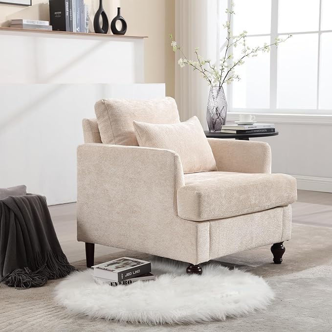 Mid Century Modern Linen Fabric Accent Chair for Living Room Bedroom Guest Room Office Apartment Waiting Room Furniture Upholstered Armchair Reading Accent Chairs (Beige)