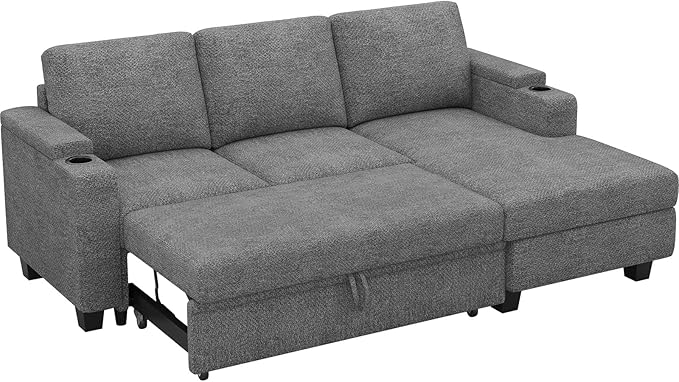 Belffin Sleeper Sofa Bed Pull Out Couch L Shaped Couch with Storage Right-Facing Chaise Modular Sectional Sofa with Cup Holder. Light Grey