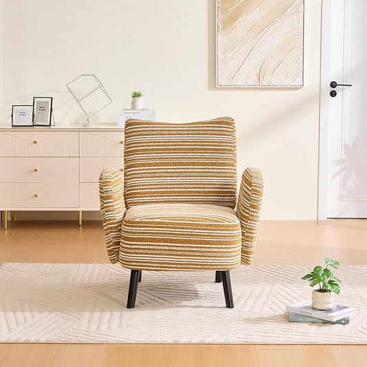 Modern Upholstered Armchair with Side Storage Pocket Fabric Reading Chair with Solid Wood Legs Ergonomic Accent Chair for Living Room Bedroom &amp Office (Yellow)