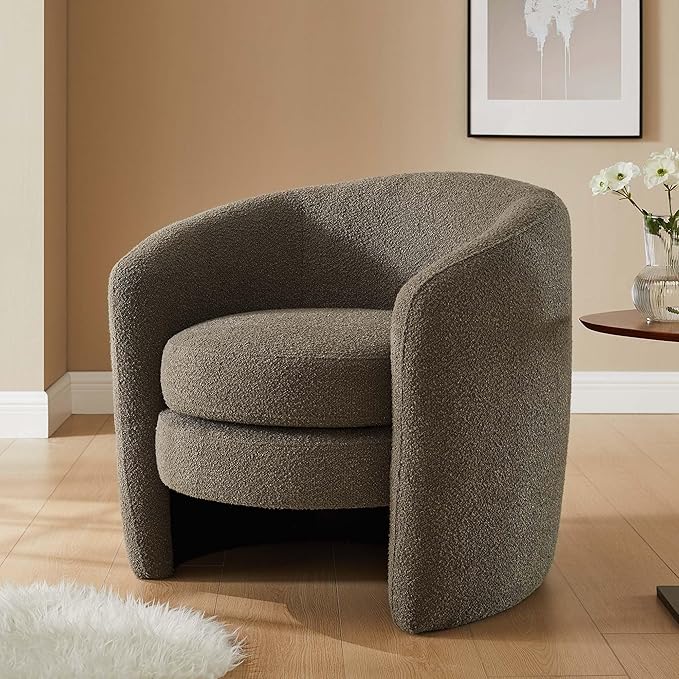 Modway Affinity Boucle Fabric Accent Chair in Pebble - Versatile Living Room Chair with Curved Back - Upholstered Bedroom Barrel Chair - Reading Armchair