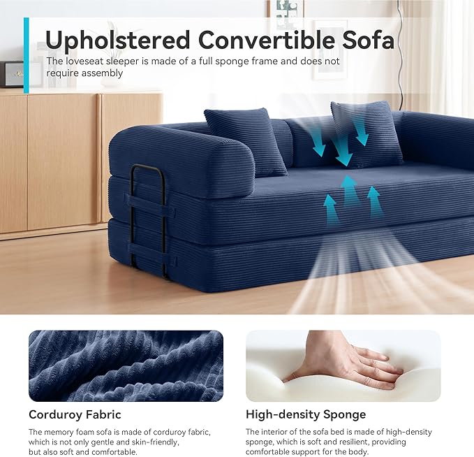 Convertible Sofa Bed with Corduroy PillowComfy Floor Sofa Bed Compressed Sofa in Box Convertible Sofa Bed for Living Room Bedroom Lounge Studio Comfy High Density Foam Mattress(Navy Blue)