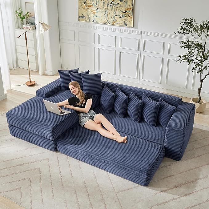 110 L-Shaped Sectional Couch with Chaise Lounge Plush Corduroy Oversized Convertible Floor Sofa Couch with 8 Pillows Modern Deep Seat Boneless Couches for Living Room (Blue 110 + Left Chaise)