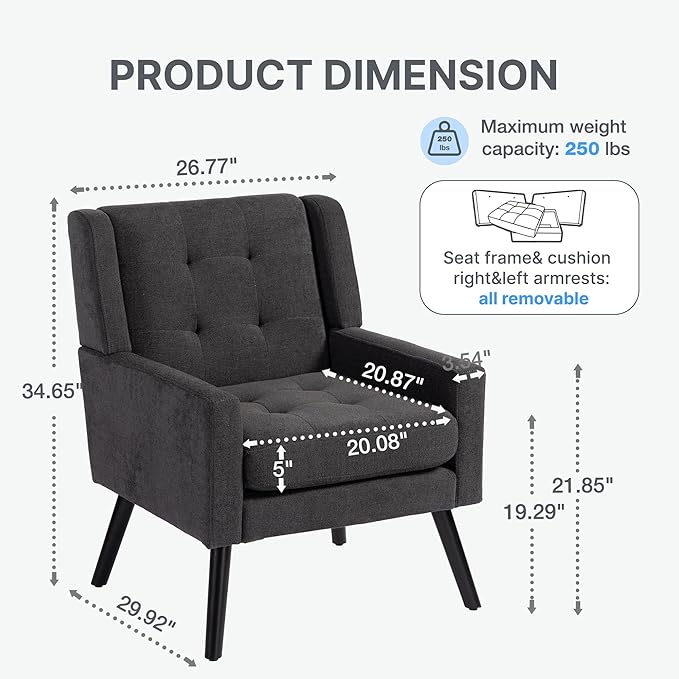 Mid-Century Modern Accent Chair Plush Linen Fabric with Button Tufted High Back &amp 5 Thick Cushion High Comfort Reading Chair for Living Room Bedroom Office (Dark Gray)