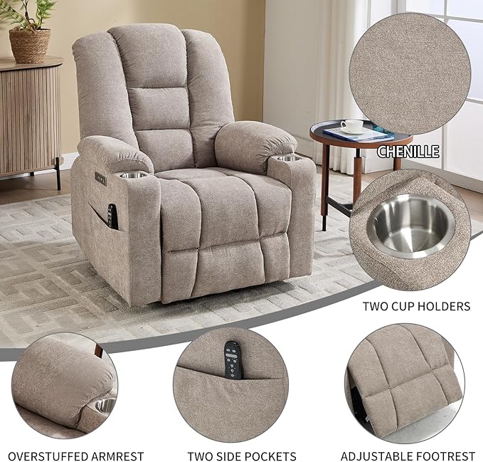 Power Lift Chair with Massage &amp Heat Electric Recliner Chairs for Adults Remote Control Sofa for Living Room Standing Assistance USB Ports Stainless Steel Cup Holders (Khaki)