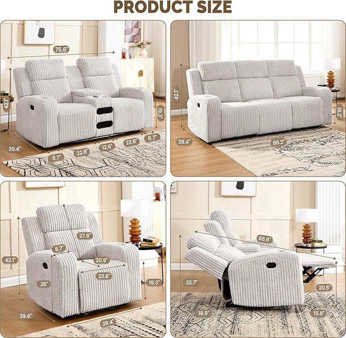 Corduroy Manual Recliner Sofa Set Living Room Furniture Set Reclining Sofa and Loveseat Set Console Cup HoldersGrey(Chair)