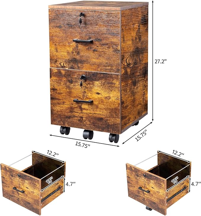 VINGLI 2-Drawer Small Rolling File Cabinet with Lock Wood Filing Cabinet for Hanging Letter Size Filings with Tabs Mobile Under Desk File Cabinets for Home Office Rustic Brown 27.2 H
