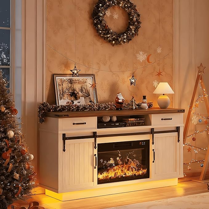Fireplace TV Stand for TVs up to 65 Electric Fireplace with 3D Flame Farmhouse LED Light Entertainment Center TV Console with with 2 Drawers Sliding Barn Door for Living Room - White