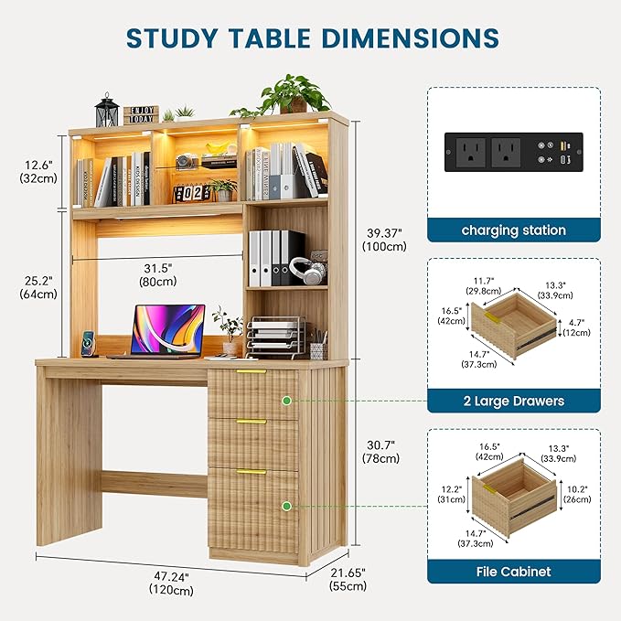 Standing Desk with LED Light for Office Room Smart Computer Desk with Hutch and Drawer for Game RoomModern Study Table with 2AC Port Charging Station/Lamp/for Bedroom (Wood)