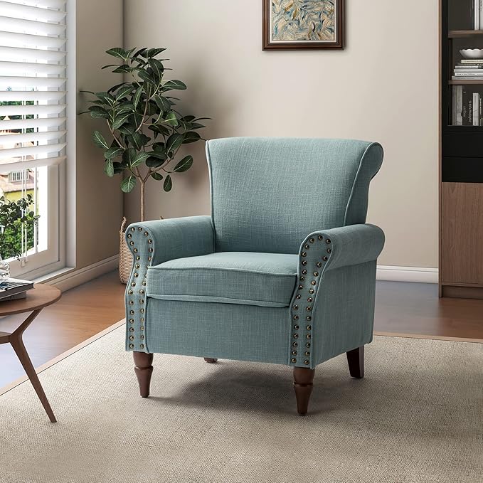 Modern Upholstered Accent Chair with Wood Legs Wingback Armchair with Removable Cushion Comfy Nailhead Trim Lounge Chair Single Sofa Reading Chairs for Living Room Bedroom