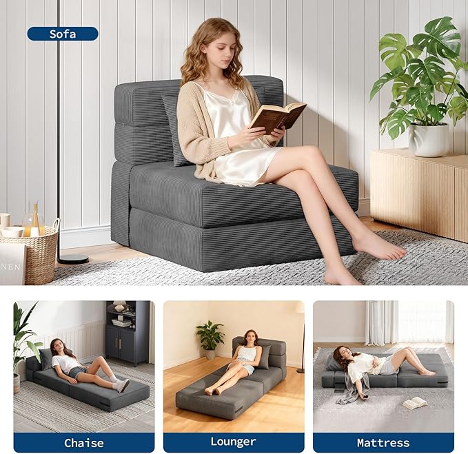 Garvee 4-in-1 Folding Sofa Bed &amp Chair Bed - Convertible Sleeper Fold Out Loveseat Sofa Couch with Pillow Tufted Floor Lounge for Living Room Bedroom Guest Room Dark Grayy