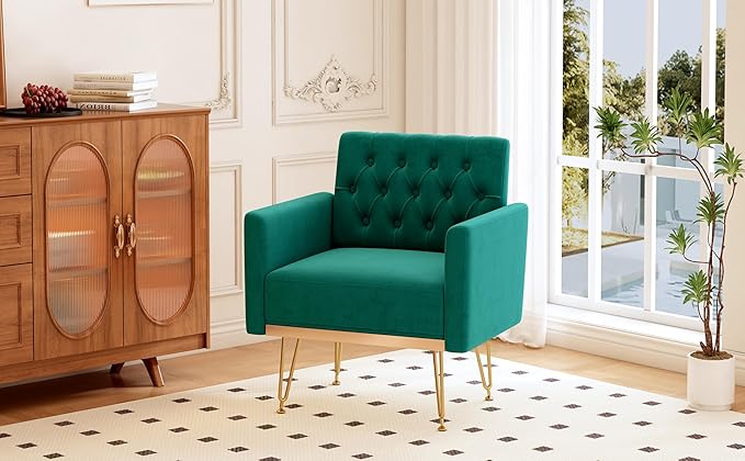 Accent Chair for Living Room Comfy Oversized Velvet Upholstered Arm Chairs Mid Century Modern Reading Single Sofa Side Chair with Tufted Back and Gold Legs for Bedroom (2 Green)