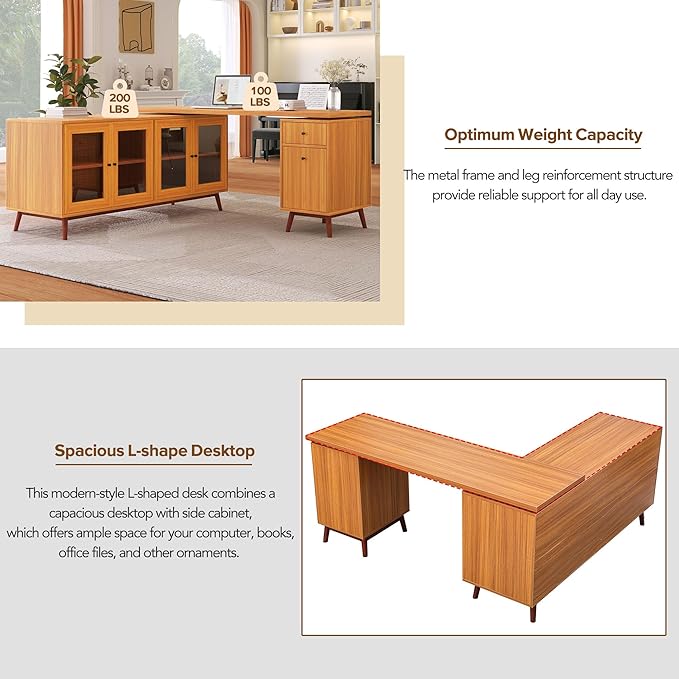 66.5 Modern L-Shaped Executive Desk with Delicate Tempered Glass Cabinet StorageLarge Office Desk with DrawersBusiness Furniture Desk Workstation for Home Office