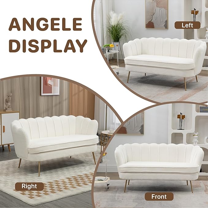Mlmh &amp Kngwa Sherpa Boucle 2-Seater Sofa 59 Loveset Settee with Gold Metal Legs Comfy Upholstered Floral Mini Couch Sofa for Bedroom Living Room Apartment Ivory