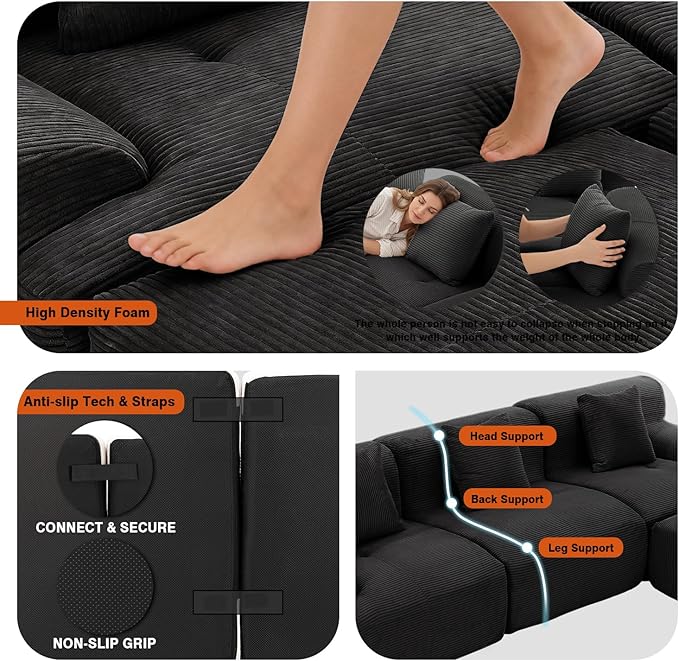 120 Modular Boneless Couch Cloud Couch Sectional Couches for Living Room with Ottoman Modern L-Shaped Modular Sectional Sofa with Deep Seat Corduroy 3-Seater Sleeper Sofas for Living Room (Black)