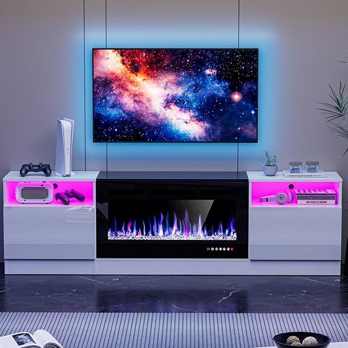 AHB Fireplace TV Stand 80 Inch LED Light Entertainment Center with 36 Electric Fireplace and Storage Cabinet Media Console Table for TVs Up to 90 Inches Ideal for Living Room
