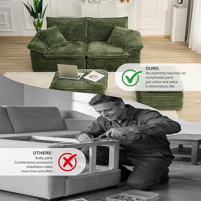 81 Boneless Loveseat with Removable OttomanOversized Upholstered Sofa Bed with PillowsPlush Faux Fur Lounge Reading Chairs with ArmrestsCloud Couches for Living RoomNo Assembly (Green) | No Assem