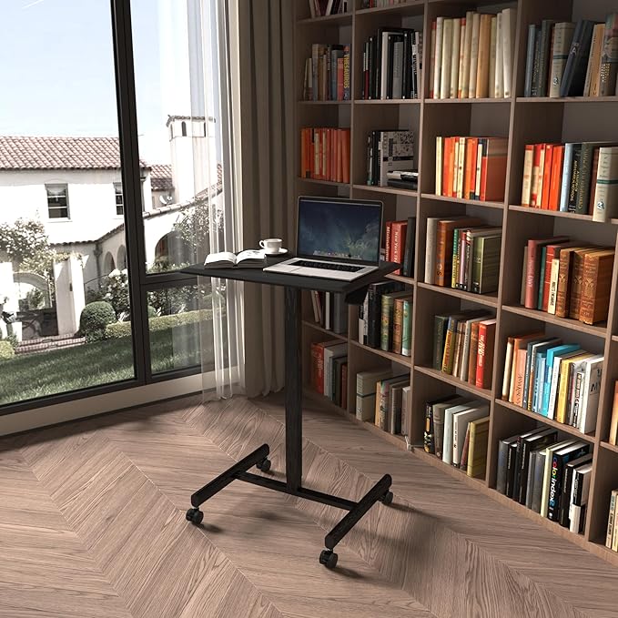 Mobile Laptop Computer Desk Height-Adjustable from 28.5 to 42.9 Pneumatic Adjustment Height Rolling Desk Mobile Table for Home and Office Black
