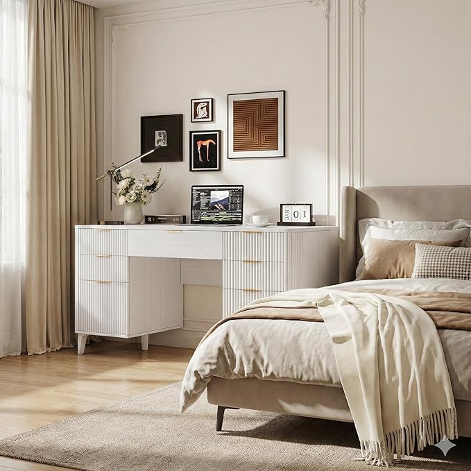 White Desk with Drawers 55 Fluted Executive Desk with Storage Cabinet Wood Home Office Desk with File Cabinet Modern Computer Writing Desk for Study Living Room Bedroom