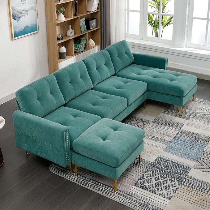 kevinplus 111 Velvet Sectional Sofa Couch for Living Room Modern Contemporary L-Shaped 4-Seat Tufted Sofa Couch with Chaise Lounge &amp Ottoman for Apartment Office Strong Metal Leg Green