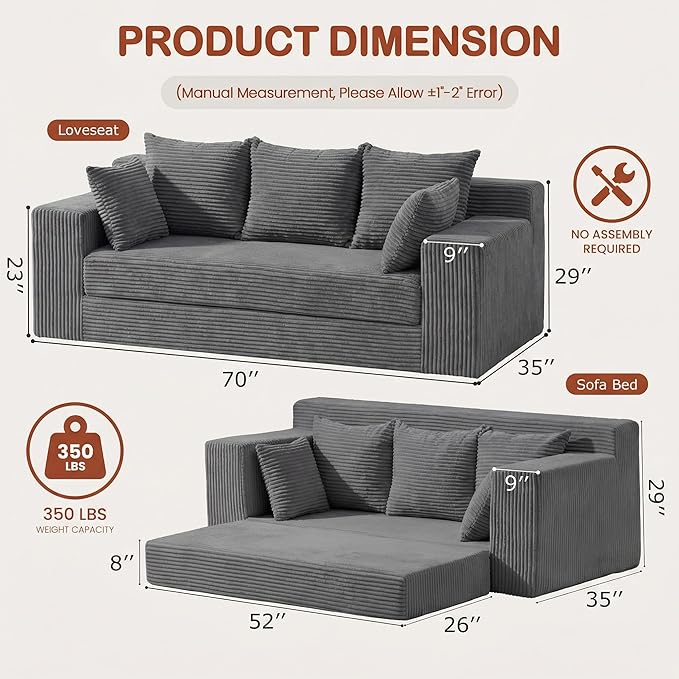 Convertible Sofa Bed 5 in 1 Small Boneless Couch Pull Out Loveseat Sleeper SofaCorduroy Futon Couch Folding Mattress with 4 Pillows for Living Room Bedroom Lounge (No Assembly)