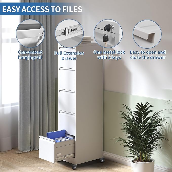 5 Drawer Mobile File Cabinet Metal Filing Cabinet with Lock and Wheels Home Office Rolling File Cabinets for Legal/Letter Hanging File Folders Un-Assembled (White)