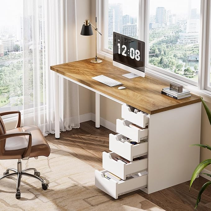 Tribesigns Modern Simple Computer Desk 47 Inches PC Desk with 5 Reversible Drawers Rustic Brown Study Writing Table Workstation for Home Office Small Spaces (Walnut+White)