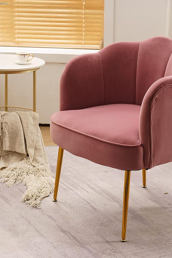 Shell Shape Velvet Fabric Armchair Accent Chair with Gold Legs for Living Room BedroomPink