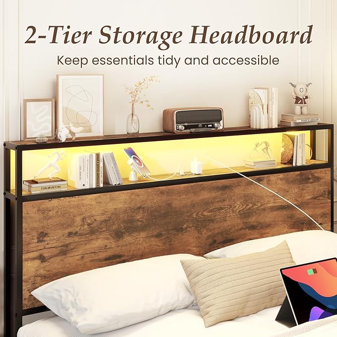 Lifezone Queen Bed Frame with 2-Tier Storage Headboard Metal Bed Frame with Storage Drawers &amp Built-in Charging Station &amp LED Noise-Free No Box Spring Needed Easy Assembly Rustic Brown