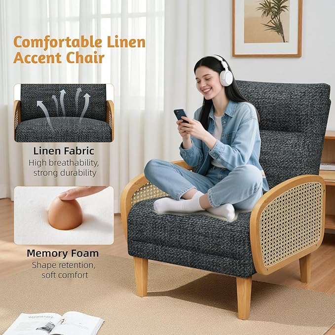 Rattan Accent Chairs Set of 2 Arm Chair with High Resilience Cushion Armchair with Sturdy Ash Wood for Living Room Dark Gray