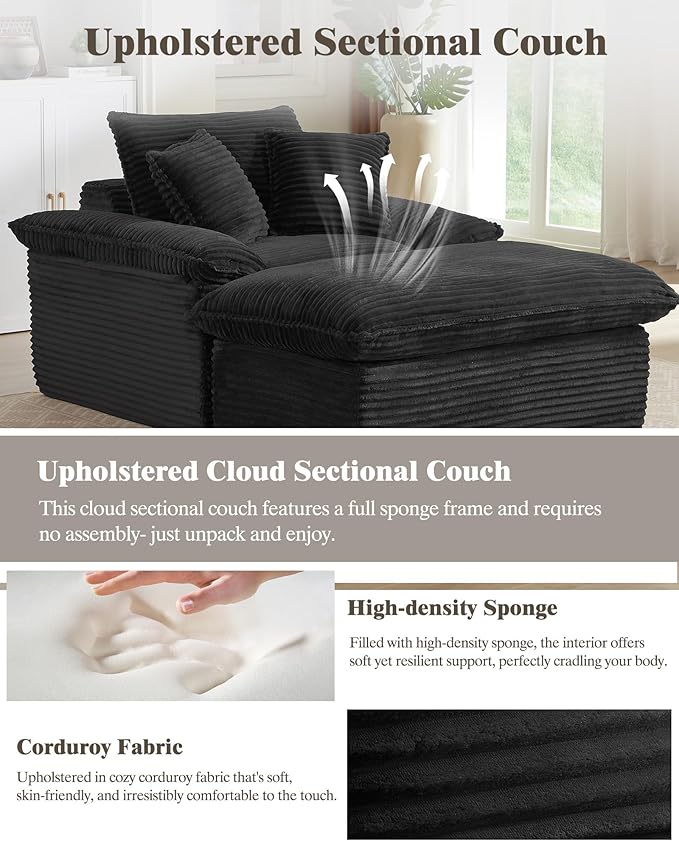 Oversized Chaise Lounge Chair Indoor Upholstered Corduroy Couch with 3 PillowsComfy Fluffy Cloud CouchSingle Sleeper Sofa Chair for Livingroom (Black+Ottoman 52W X 70.87D)