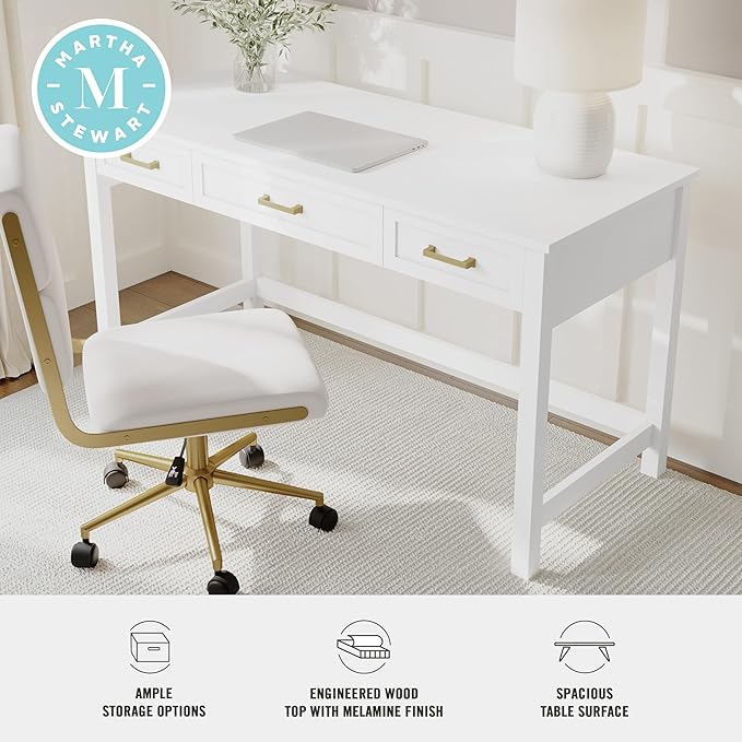 Martha Stewart Hutton Shaker Style Home Office Desk with 3 Drawers in White with Polished Brass Hardware