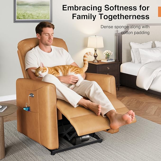 Power Recliner Chair Reclining Chair PU Leather Small Recliners for Small Spaces Infinite Position Electric Recliner Chairs for Adults Electric Recliners with USB Port &amp Side Pocket Brown