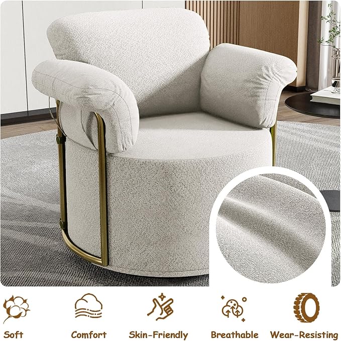 Swivel Accent Chairs for Living Room 360 Swivel Barrel Chair with Arm for Bedroom Upholstered Round Chair &amp Corner Chairs with Gold Frame for Small Spaces Chenille (Beige)
