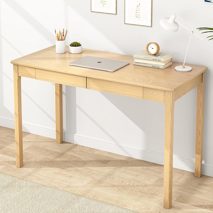 Solid Wood Writing Desk with Drawers Small Computer Desk Table Mid Century Modern Desks Study Home Office Desks for Work Small Wooden Dining Table for Bedroom Natural