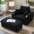 43.3 W Oversized Corduroy Chaise Lounge Chair Comfy Sleeper Sofa with Cup Holder and Storage Ottoman 3 Throw Pillows Included Deep Seat Upholstered Reading Chair for Living Room (Black)