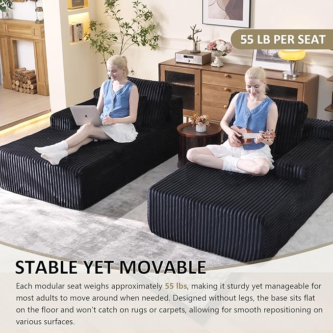 Oversized 79” Double Chaise Lounge Sofa Bed Deep Seat Corduroy Cloud Loveseat Chair No Assembly Plush Upholstered Sleeper for Living Room or Bedroom (Black)