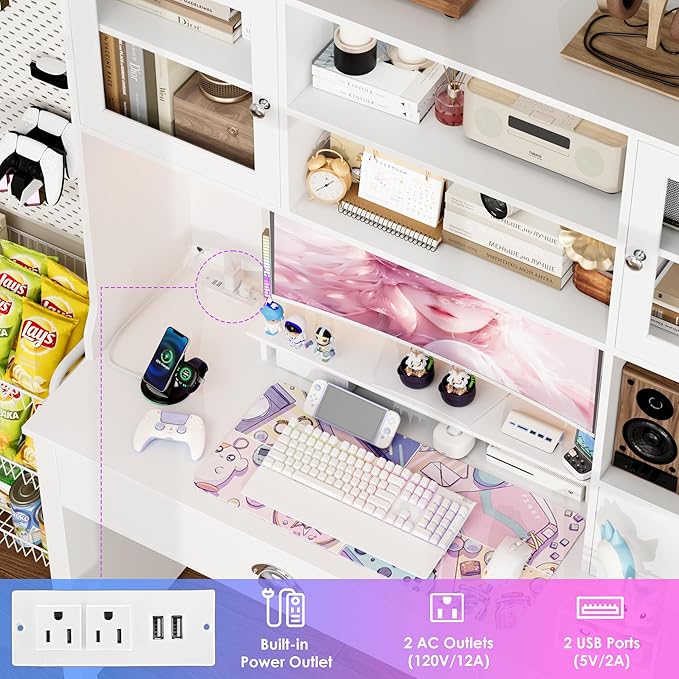 FACBOTALL Computer Desk with Hutch and RGB Lights 65 Office Desk with Power Outlet Makeup Vanity with 3 Doors &amp 3 Drawers White Executive Desks for Home Work and Study