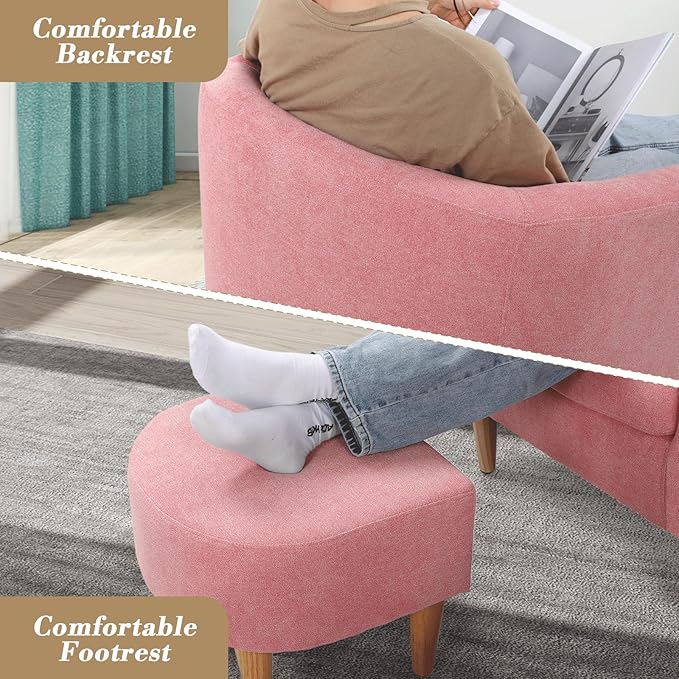 Athena Collection Modern Accent Chair with Ottoman Linen Barrel Sofa Chair Comfy Upholstered Armchair Reading Chair with Thickened Seat Cushion for Bedroom Living Room Pink