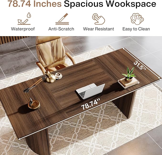 Tribesigns 78.74 Executive Desk Large Farmhouse Computer Office Desk with Double Pedestal Wooden Study Writing Table Workstation Conference Table for Home Office Walnut (Brown)
