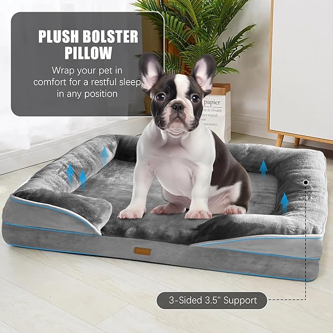 Orthopedic Dog Bed with Sides - Dog Sofa Beds for Medium Dogs Supportive Foam Pet Couch Bed with Washable Removable Cover Waterproof Lining and Non-Slip Bottom Grey - M