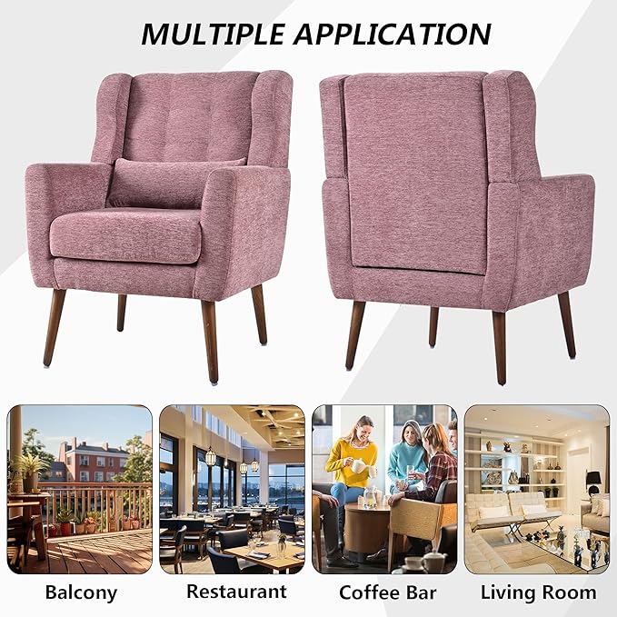 Modern Accent Chair Chenille Fabric Upholstered Tufted Side Chair Wingback ChairMid Century Reading Armchair with Waist Pillow Backrest for Living Room Bedroom (Dark Purple)